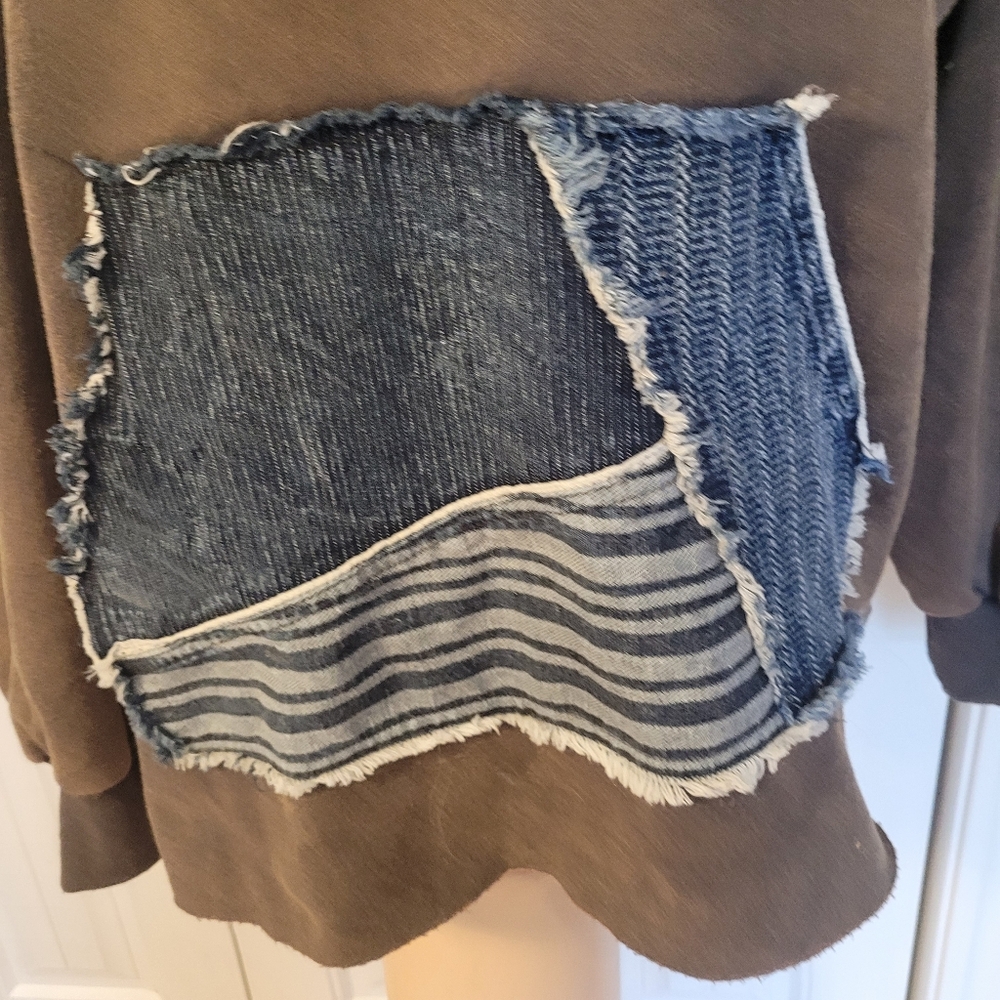 OLI & HALI Hoodie w/Denim Star Patchwork, EUC, S(Overszd), Cute+Comfy🤎🩶💙 - Picture 9 of 16